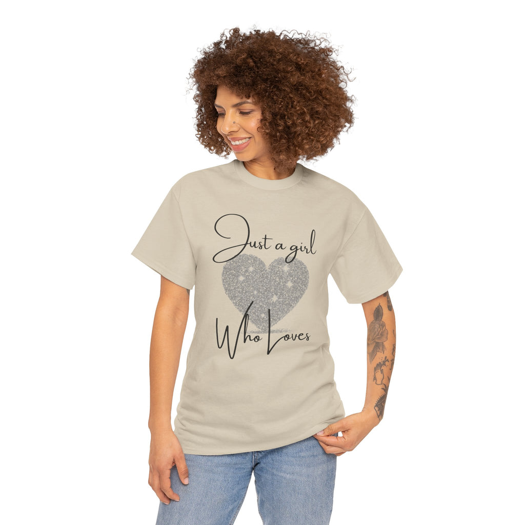 Glitter Heart Tee — "Just a girl who loves" Graphic T-Shirt