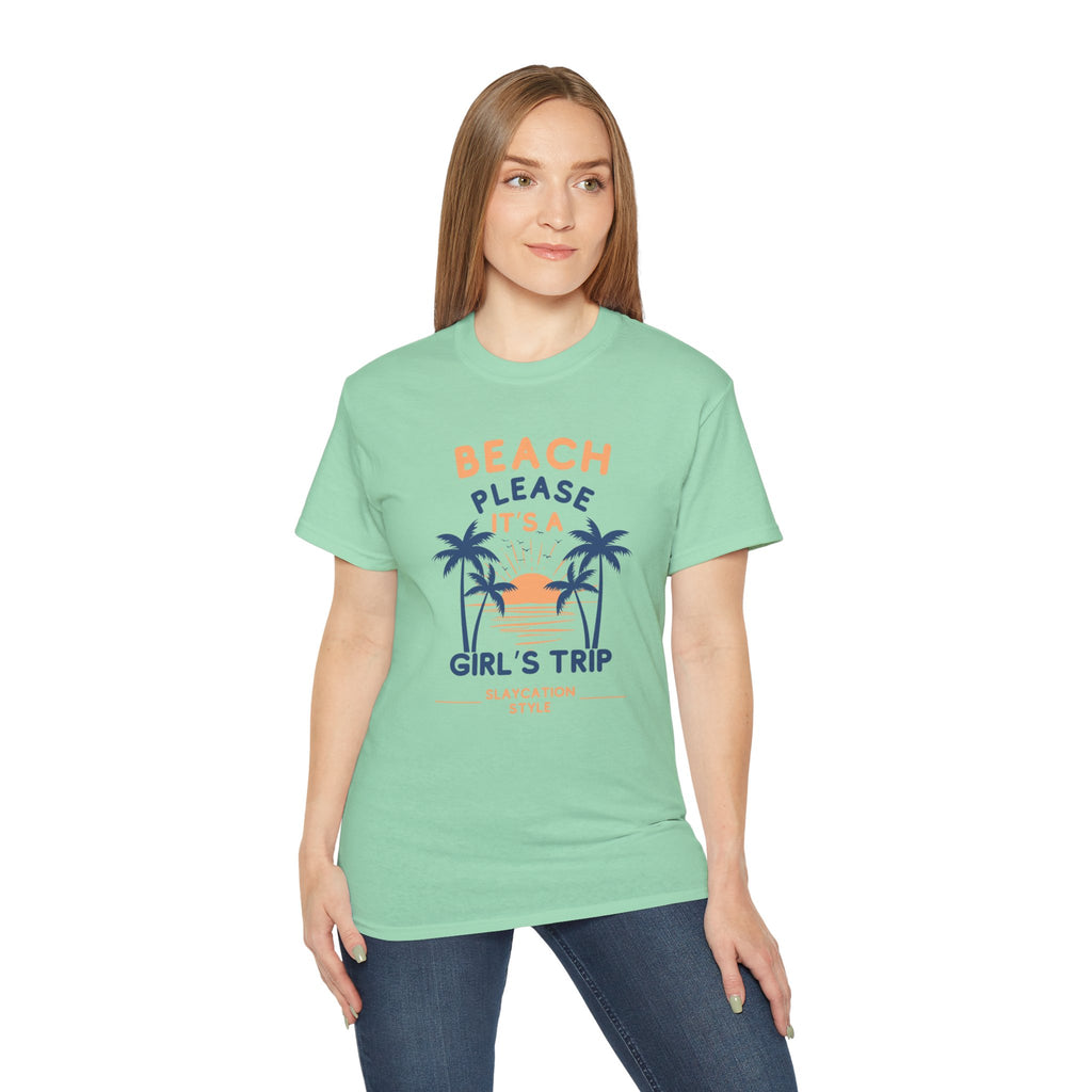 Beach Please It's a Girl's Trip Tee — Tropical Palm Sunset Vacation Shirt