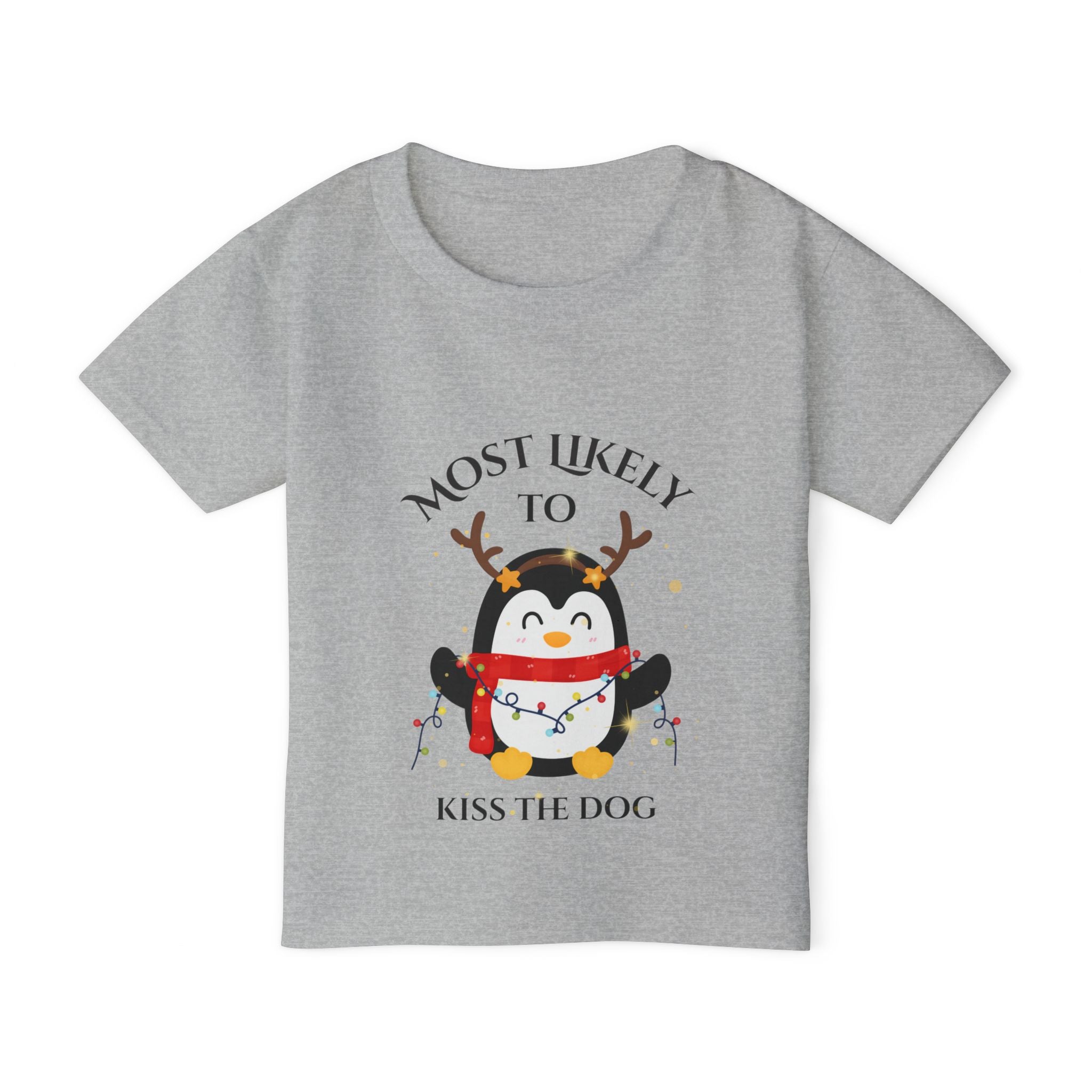 Cute Toddler T-Shirt with Penguin Design, Most Likely to Kiss the Dog, Funny Kids Tee, Christmas Gift, Animal Lover Shirt, Toddler Apparel