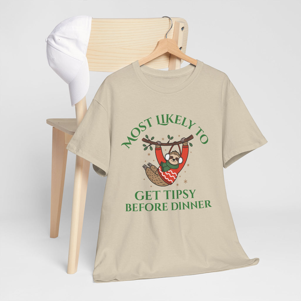 Most Likely to Get Tipsy Before Dinner Christmas Sloth T-Shirt