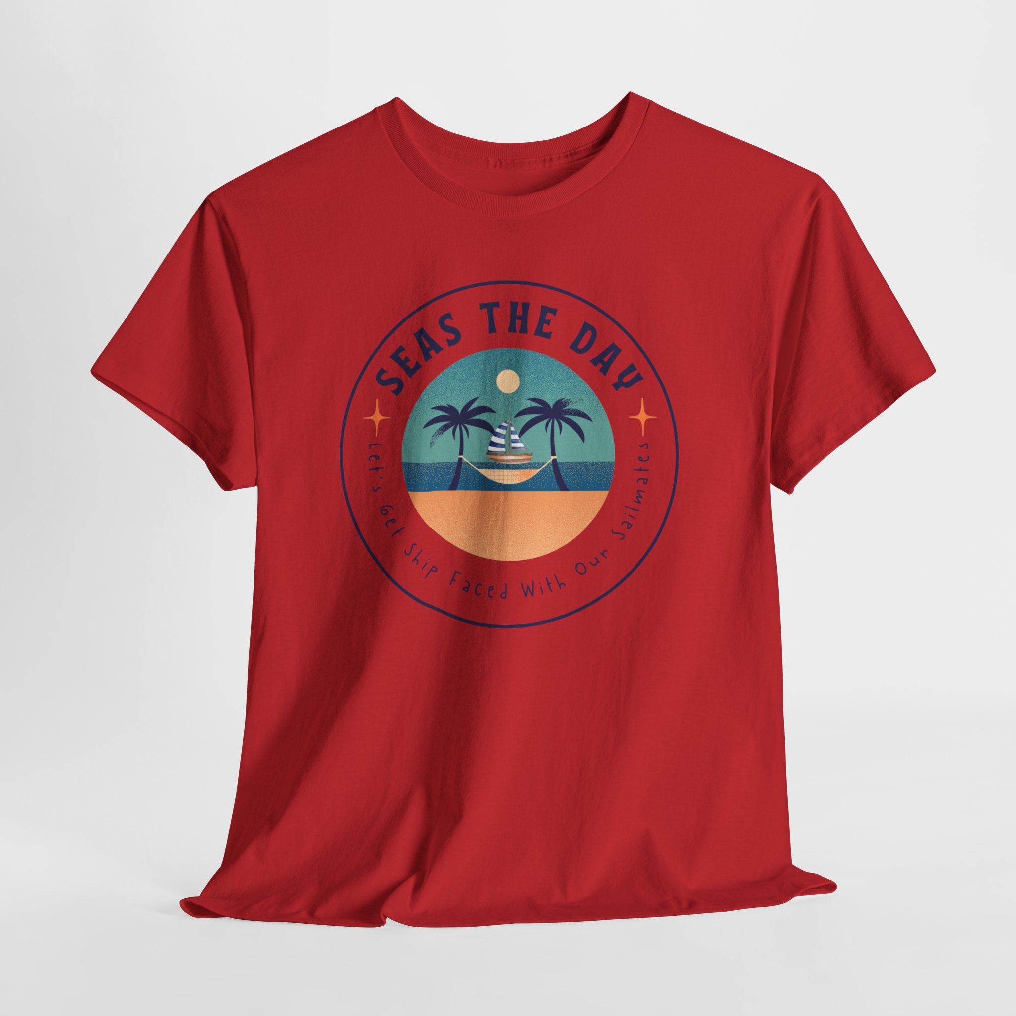 Seas the Day Beach Tee — Retro Palm Tree Sunset “Seas the Day” Graphic Shirt
