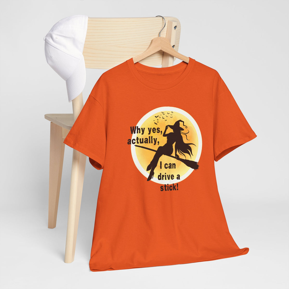 Witch on Broom T-Shirt — "Why yes, actually, I can drive a stick!" Halloween Tee