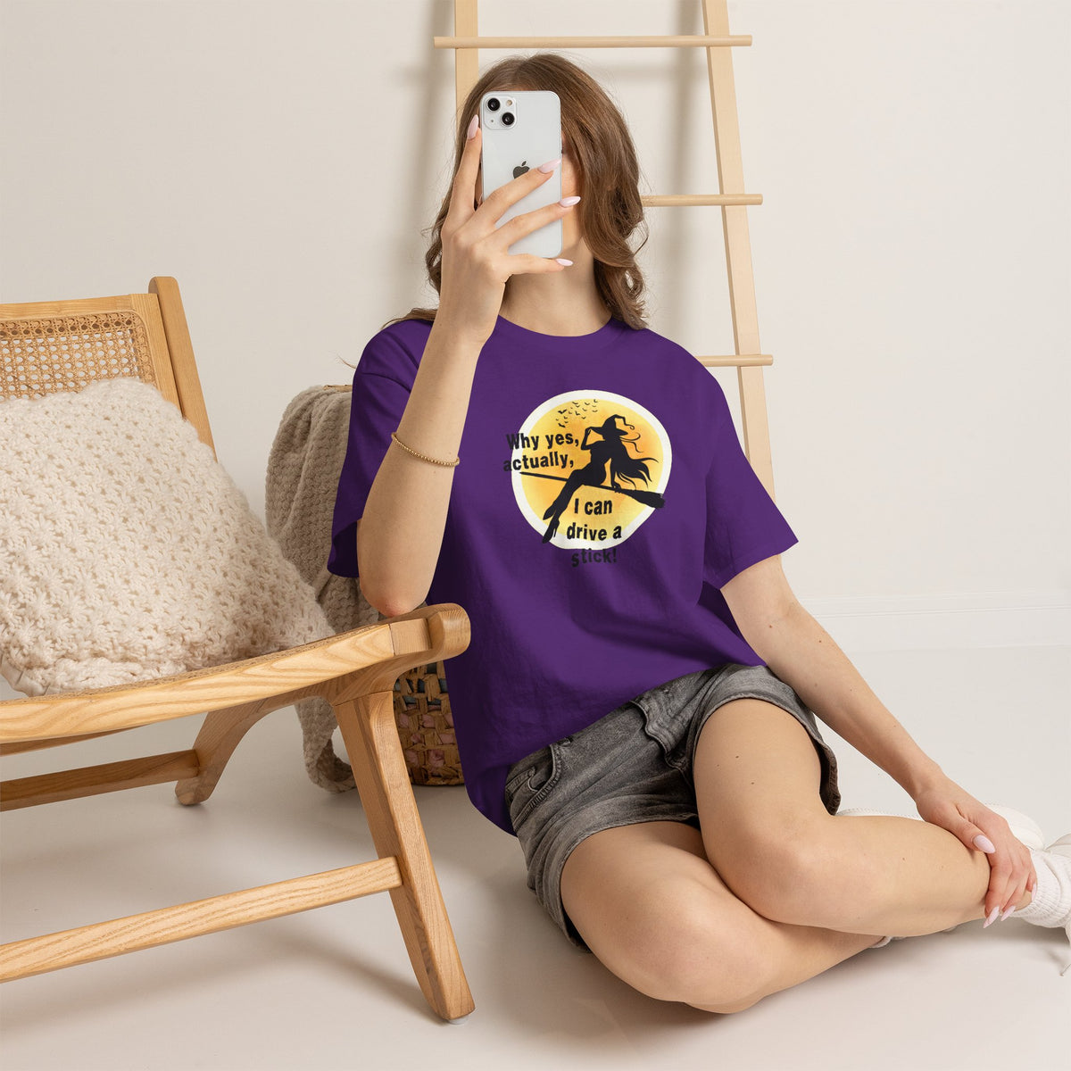 Witch on Broom T-Shirt — "Why yes, actually, I can drive a stick!" Halloween Tee