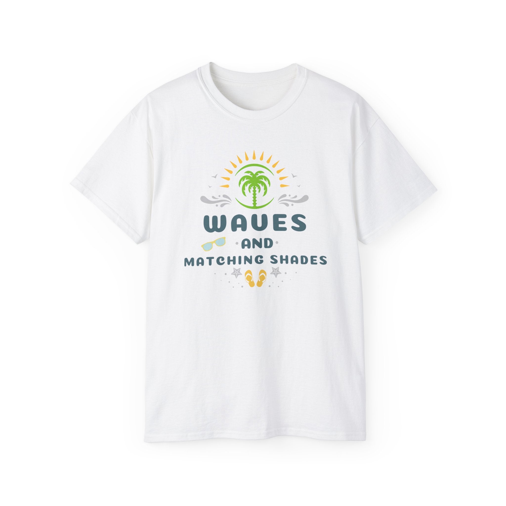 Waves and Matching Shades Tee — Retro Palm Beach Graphic T-Shirt