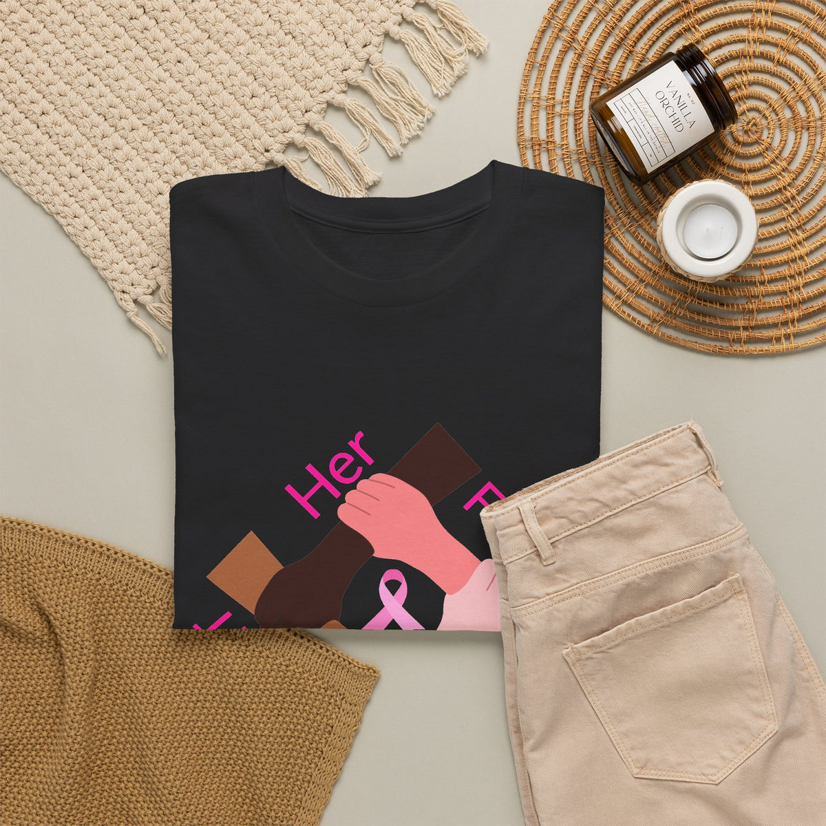 Breast Cancer Awareness Tee —Front of Tee “Our Fight Is Her Fight” and Back of Tee-Pink Ribbon "Sisters in The Fight" Support Shirt