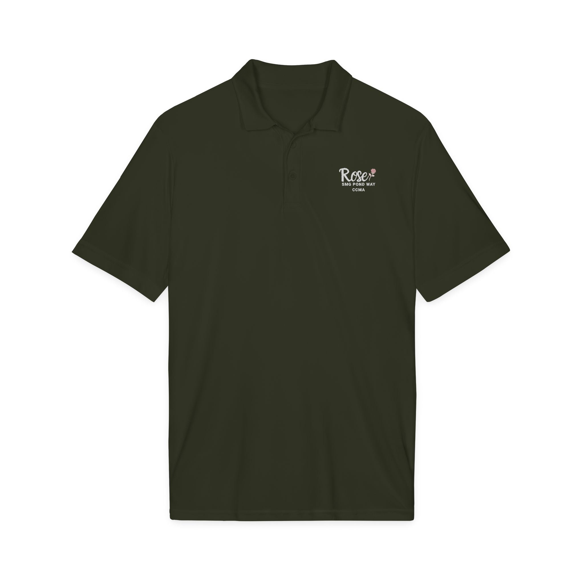 Rose Women's Polo Work Shirt White Script with a Rose