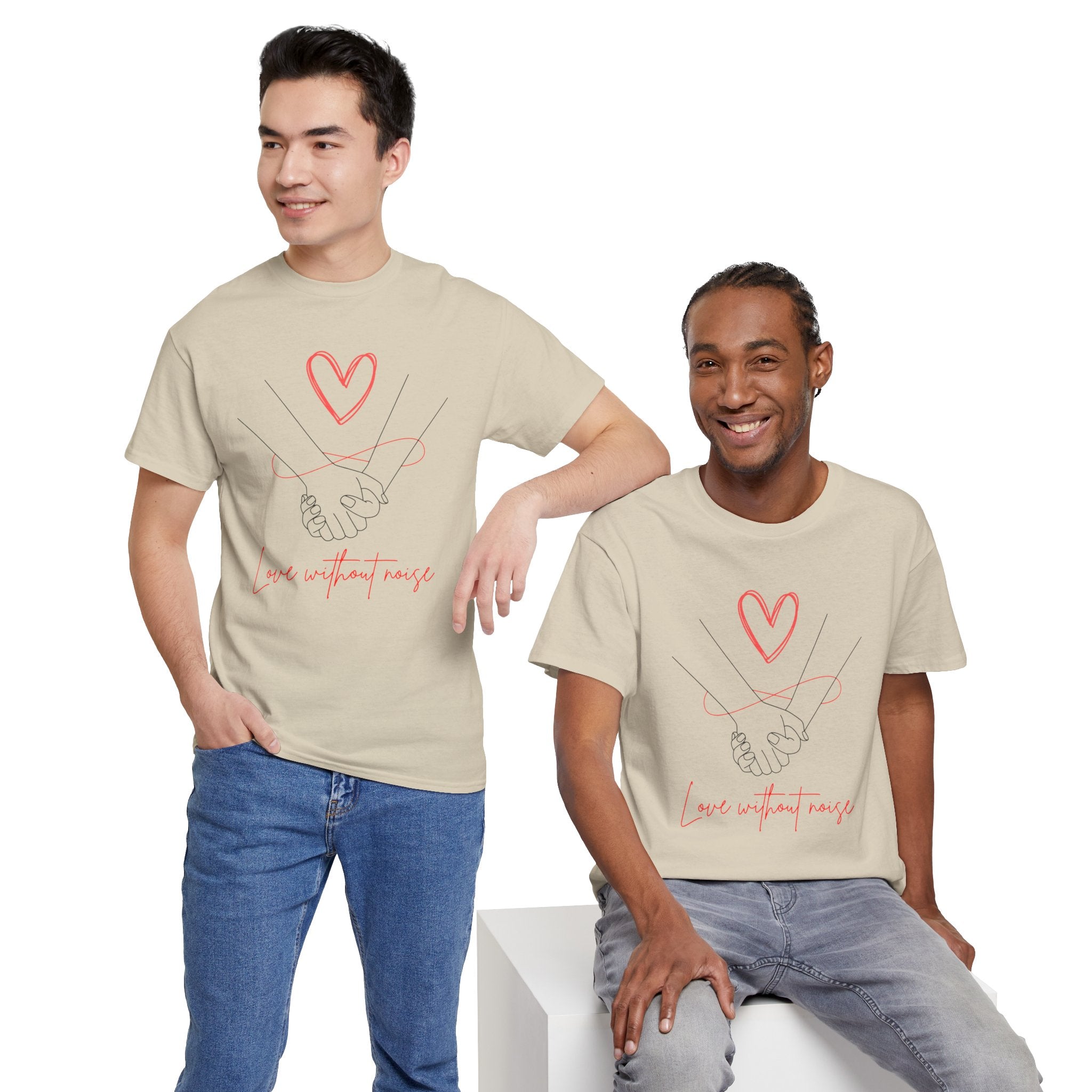 Romantic Holding Hands Tee — "Love Without Noise" Cotton Shirt