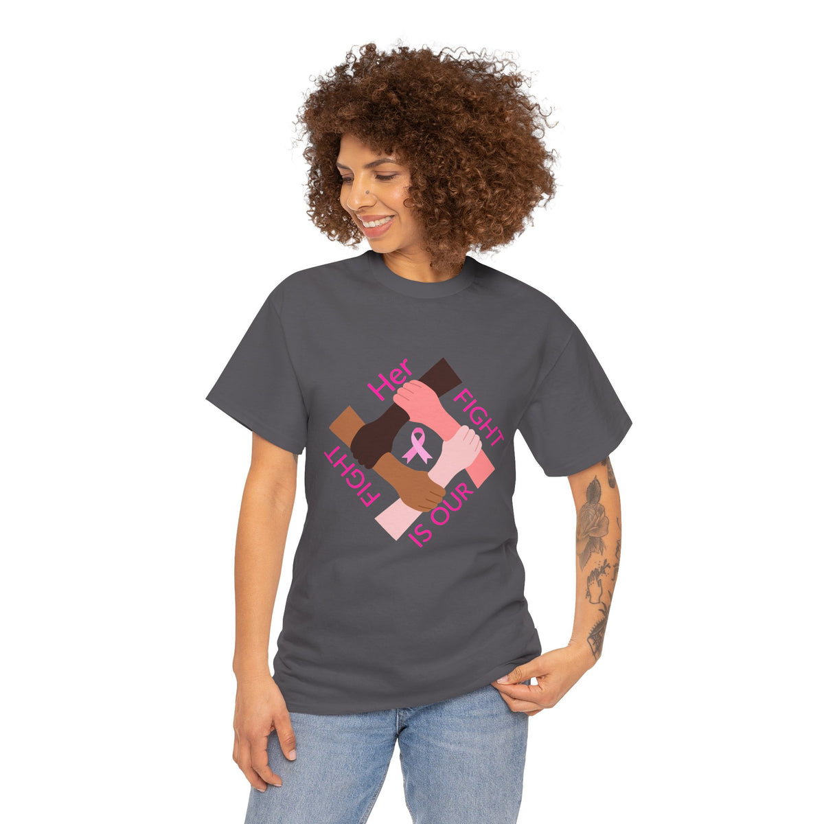 Breast Cancer Awareness Tee —Front of Tee “Our Fight Is Her Fight” and Back of Tee-Pink Ribbon "Sisters in The Fight" Support Shirt