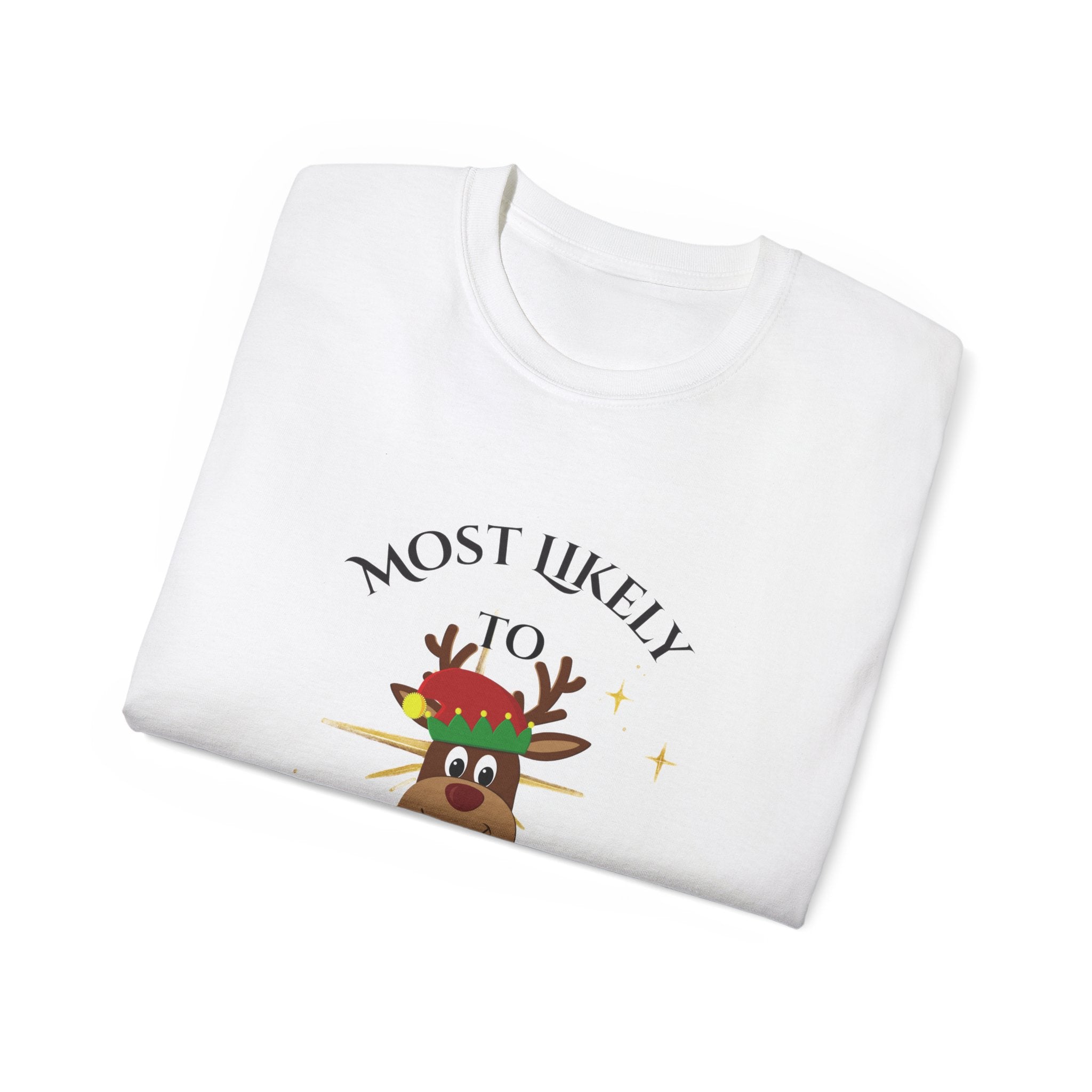 Most Likely to DJ Christmas Party Tee, Holiday T-Shirt, Funny Christmas Gift, Unisex Cotton Shirt, Party Outfit, Festive Apparel