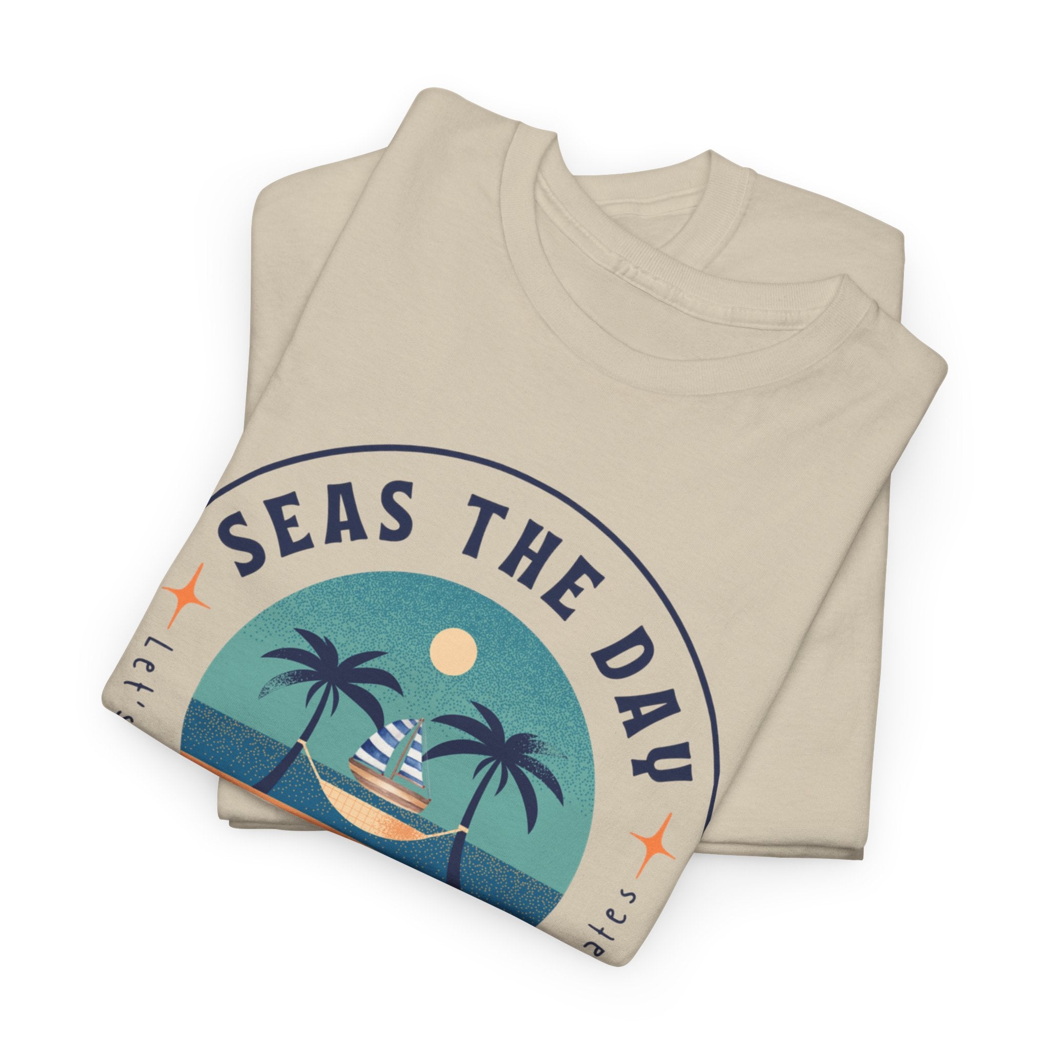 Seas the Day Beach Tee — Retro Palm Tree Sunset “Seas the Day” Graphic Shirt
