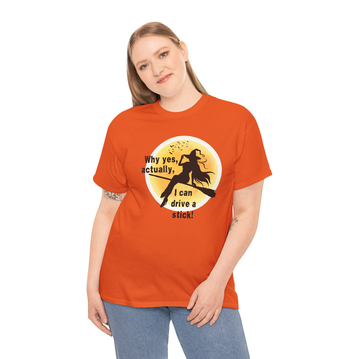 Witch on Broom T-Shirt — "Why yes, actually, I can drive a stick!" Halloween Tee