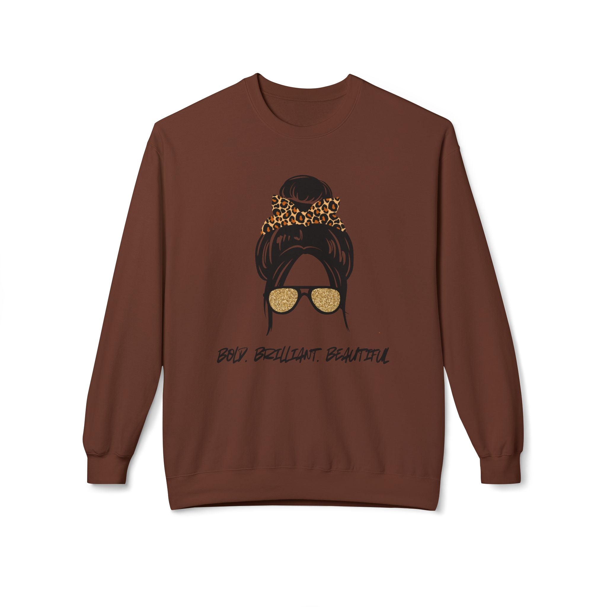Bold Brilliant Beautiful Graphic Messy Bun Leopard Sunglasses Crewneck Sweatshirt