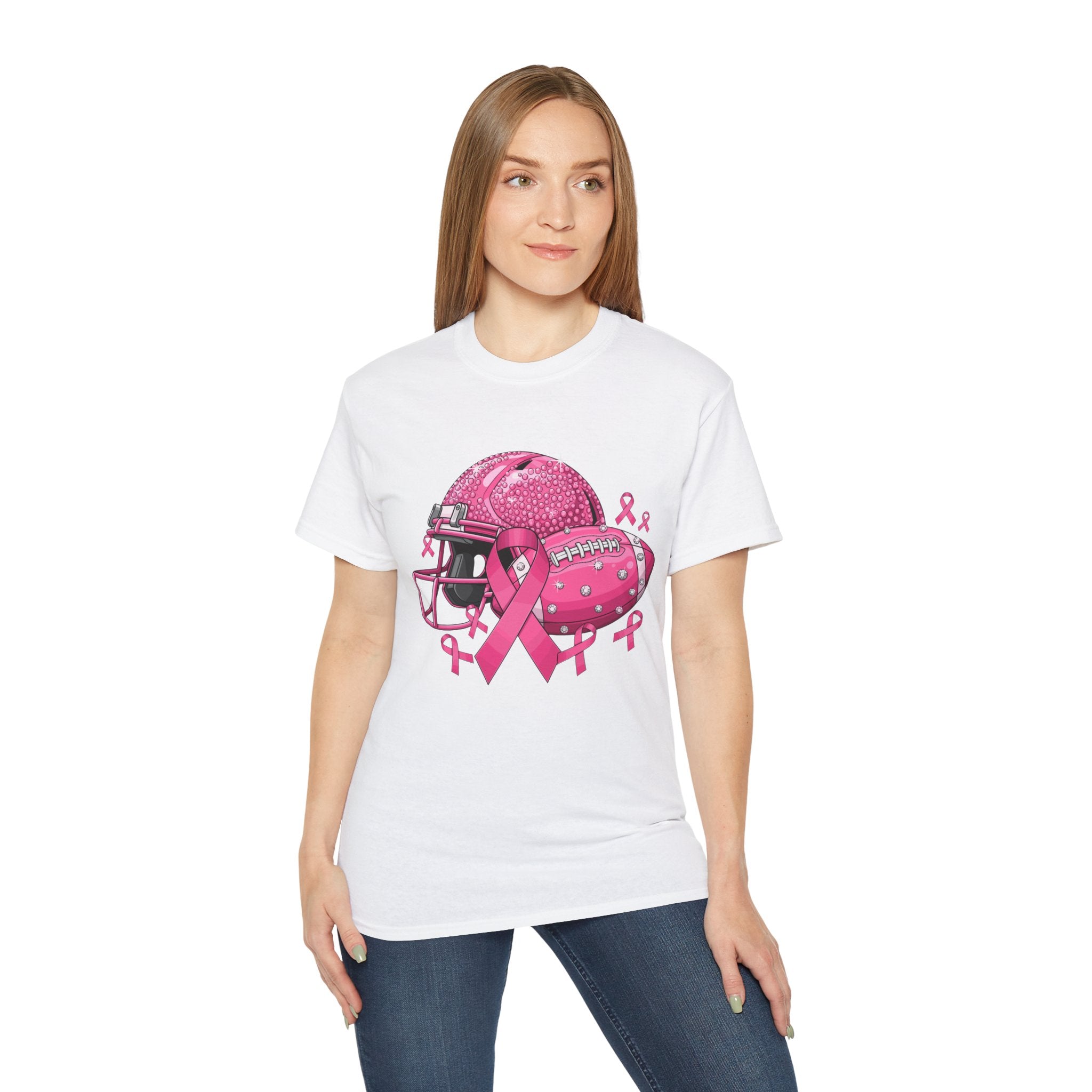 Breast Cancer Awareness Football Helmet T-Shirt – Pink Ribbon Support Tee
