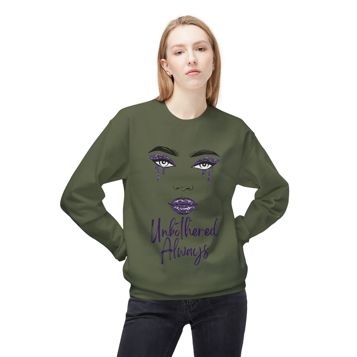 Unbothered Always Crewneck Sweatshirt — Glam Dripping Makeup Graphic