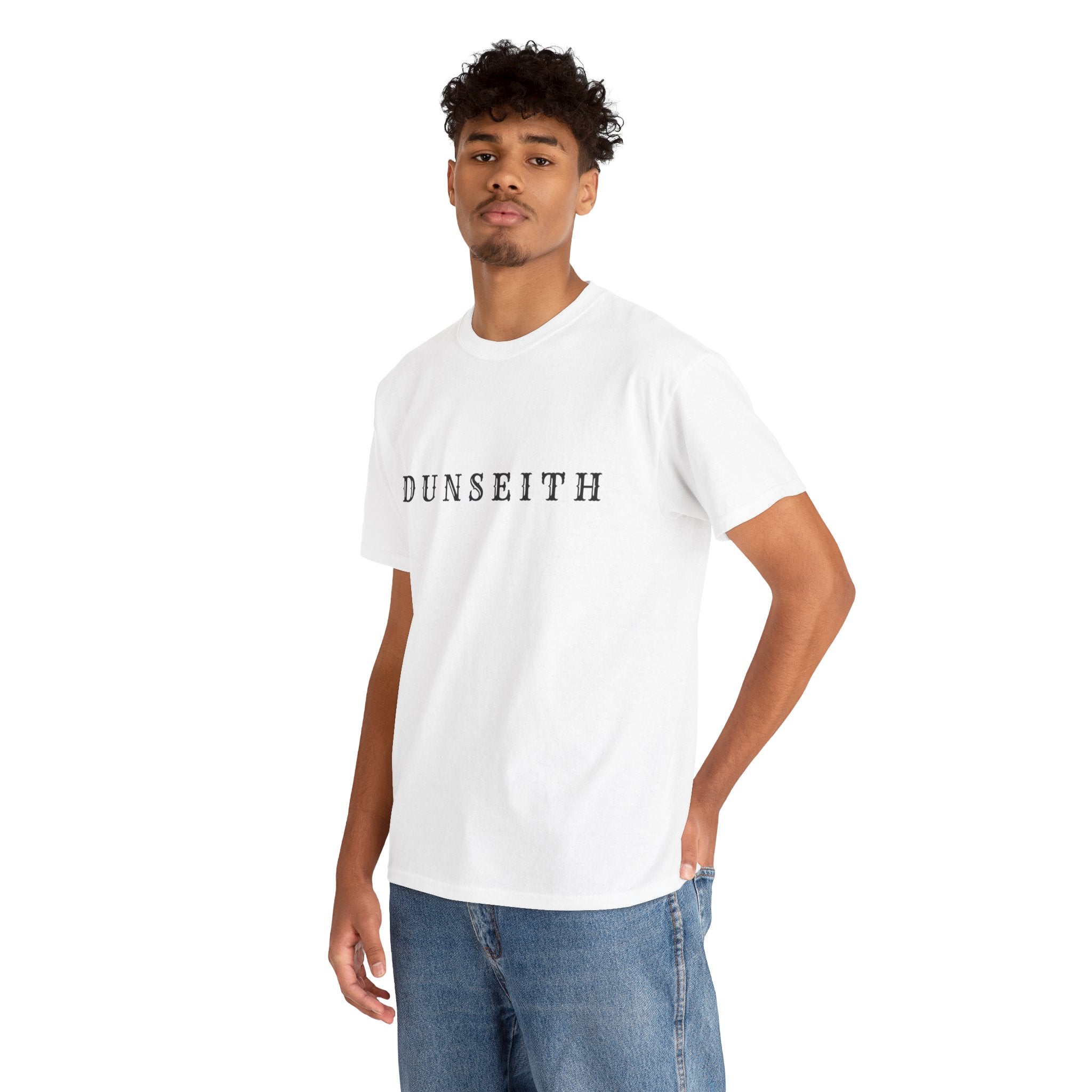 DUNSEITH Minimalist Text Tee — Classic White Graphic T-Shirt