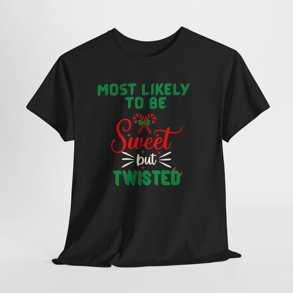 Most Likely to Be Sweet Twisted Christmas Candy Cane T-Shirt