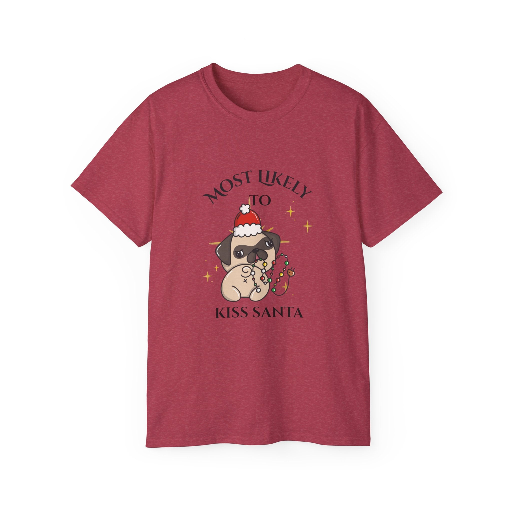 Funny Holiday Dog Tee, Most Likely to Kiss Santa T-Shirt, Christmas Gift for Dog Lovers, Seasonal Apparel, Unisex Cotton Shirt
