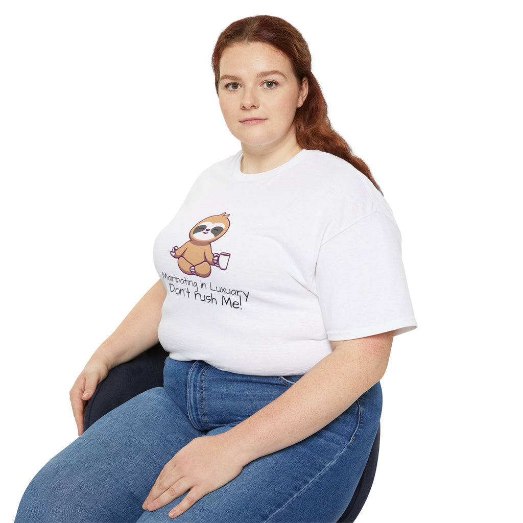 Marinating in Luxury Sloth Tee — "Don't Rush Me" Cute Coffee T-Shirt