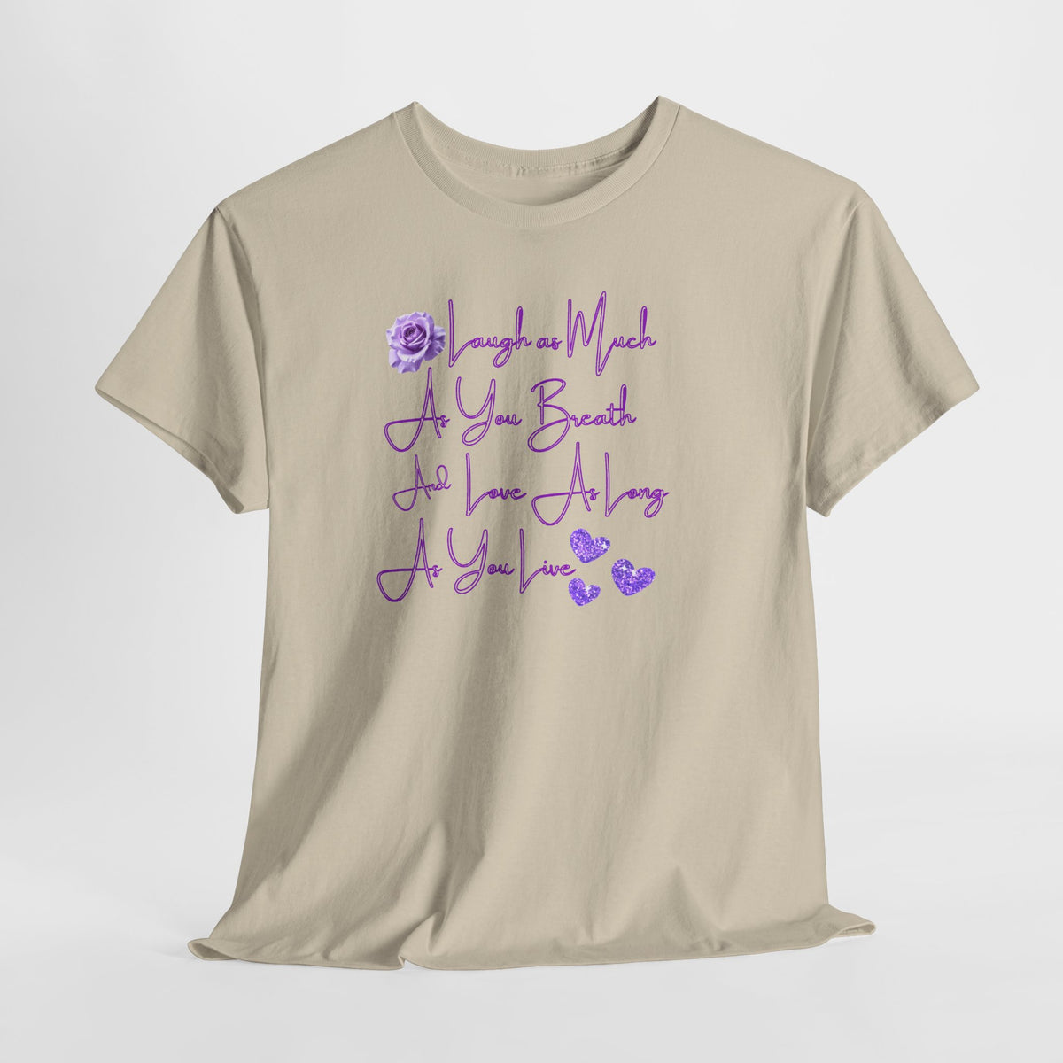 Inspirational Script Tee — "Breathe, Believe, Love" Purple Handwritten Design