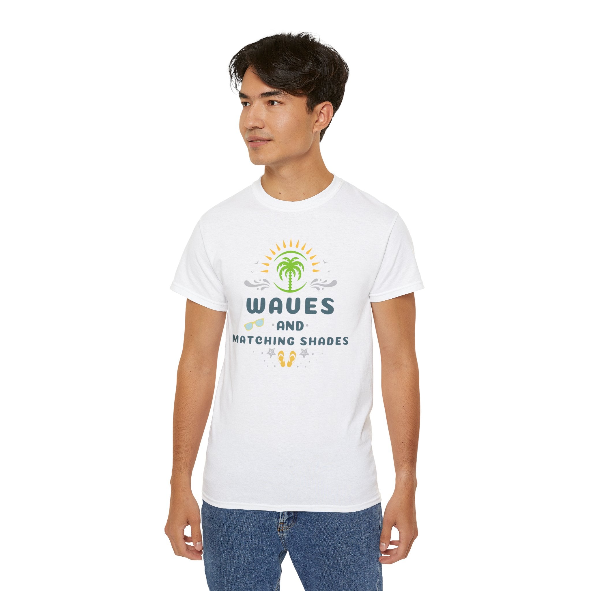 Waves and Matching Shades Tee — Retro Palm Beach Graphic T-Shirt