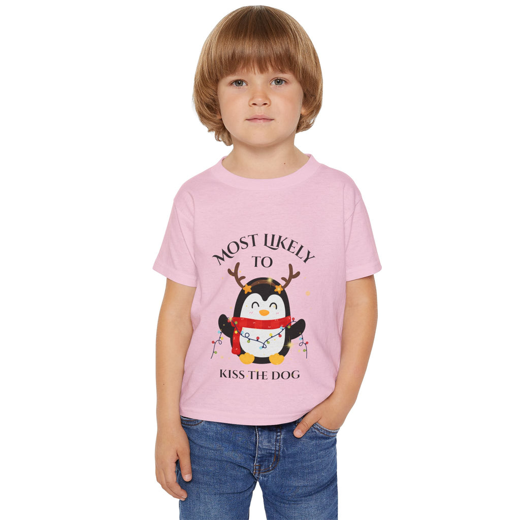 Cute Toddler T-Shirt with Penguin Design, Most Likely to Kiss the Dog, Funny Kids Tee, Christmas Gift, Animal Lover Shirt, Toddler Apparel