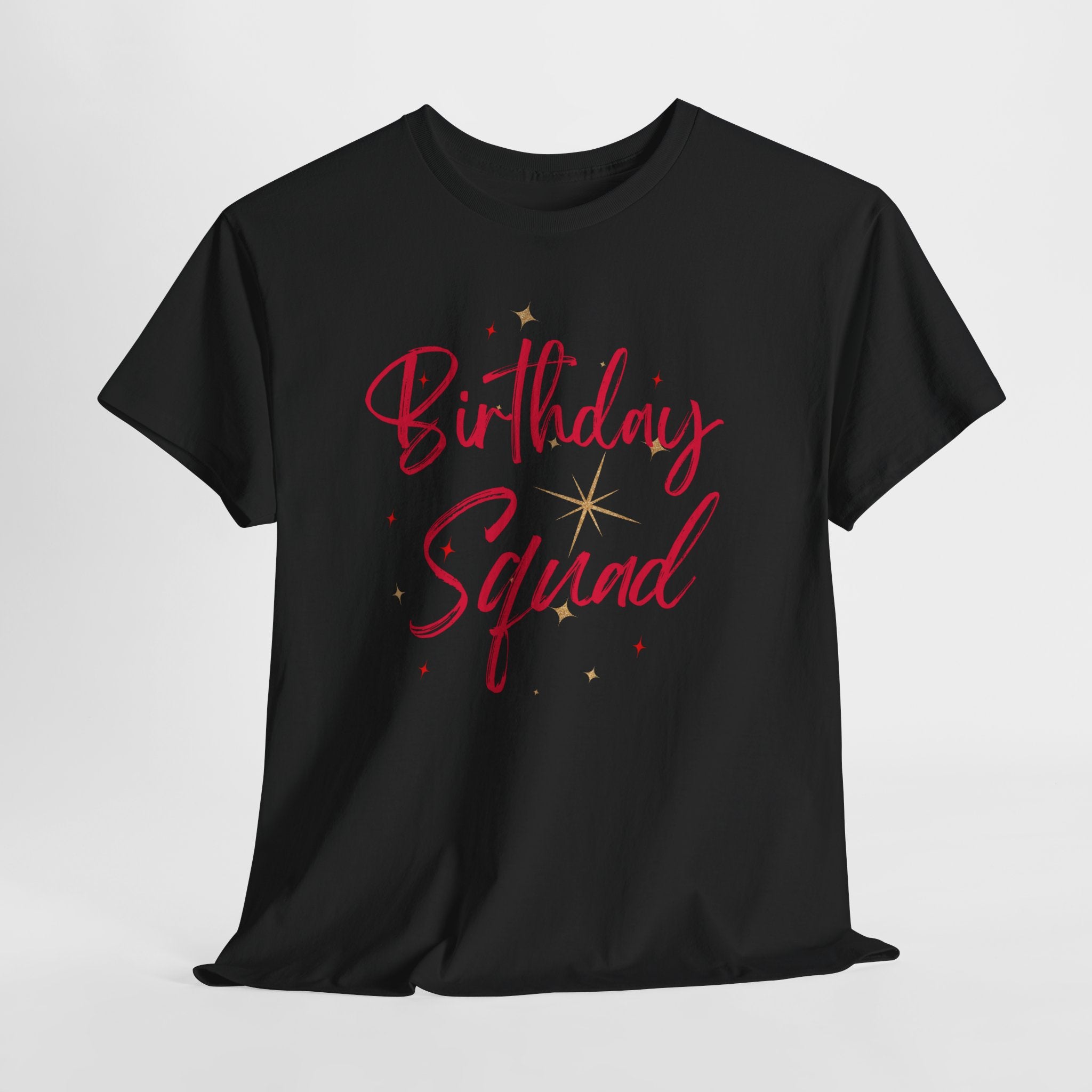 Birthday Squad T-Shirt — Women's Party Tee with Pink Script & Gold Stars