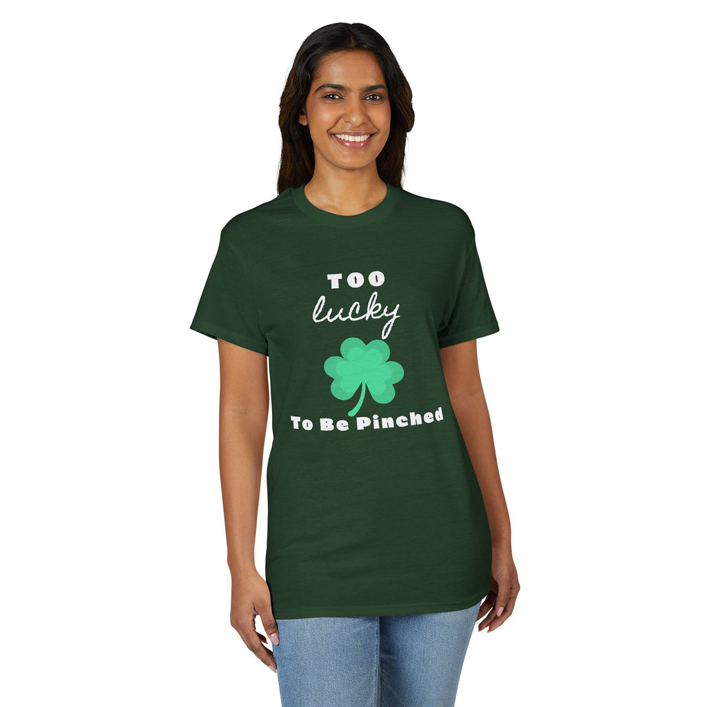 St. Patrick's Day T-Shirt – "Too Lucky to Be Pinched" Shamrock Tee