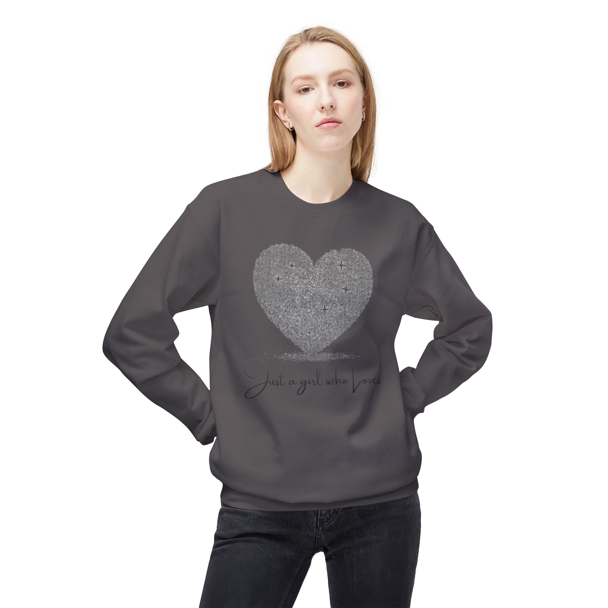 Crewneck Sweatshirt - Glitter Heart "Just a girl who loves" Cozy Graphic Pullover