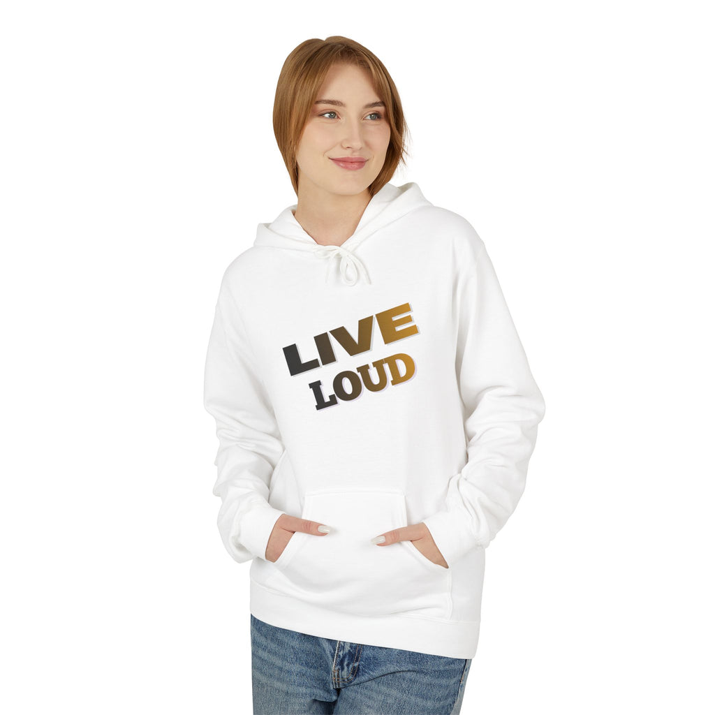 Live Loud Hoodie — Bold Diagonal Text Graphic Pullover