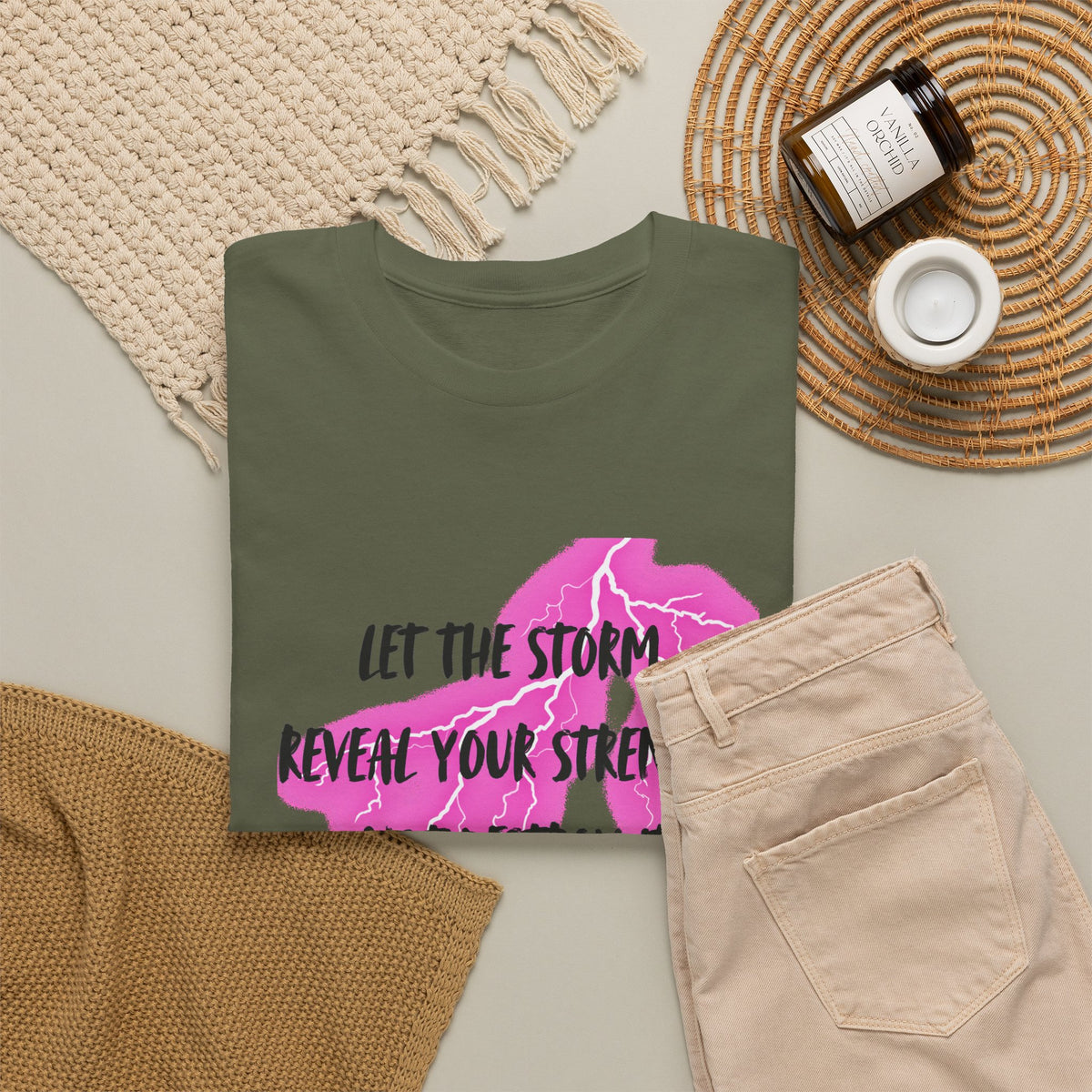 Let the Storm Reveal Your Strength Tee — Inspirational Pink Lightning Graphic T‑Shirt