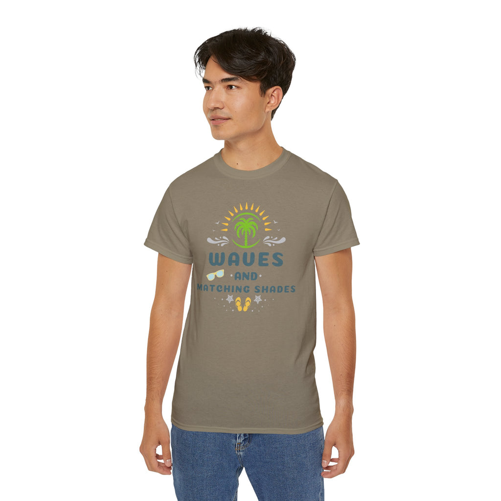 Waves and Matching Shades Tee — Retro Palm Beach Graphic T-Shirt