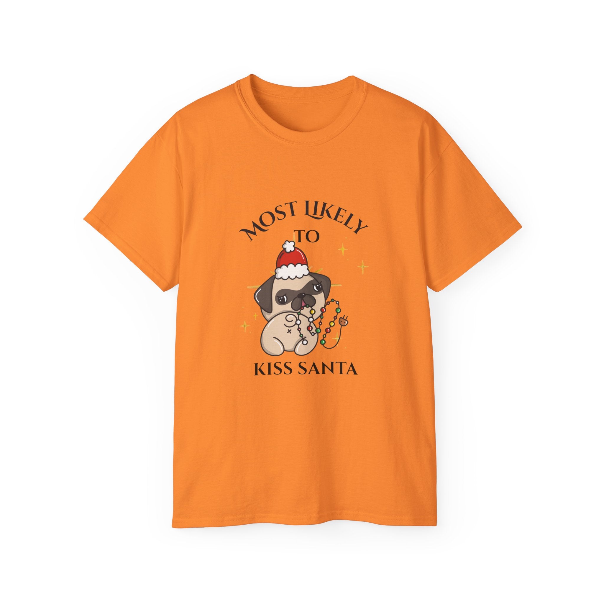 Funny Holiday Dog Tee, Most Likely to Kiss Santa T-Shirt, Christmas Gift for Dog Lovers, Seasonal Apparel, Unisex Cotton Shirt