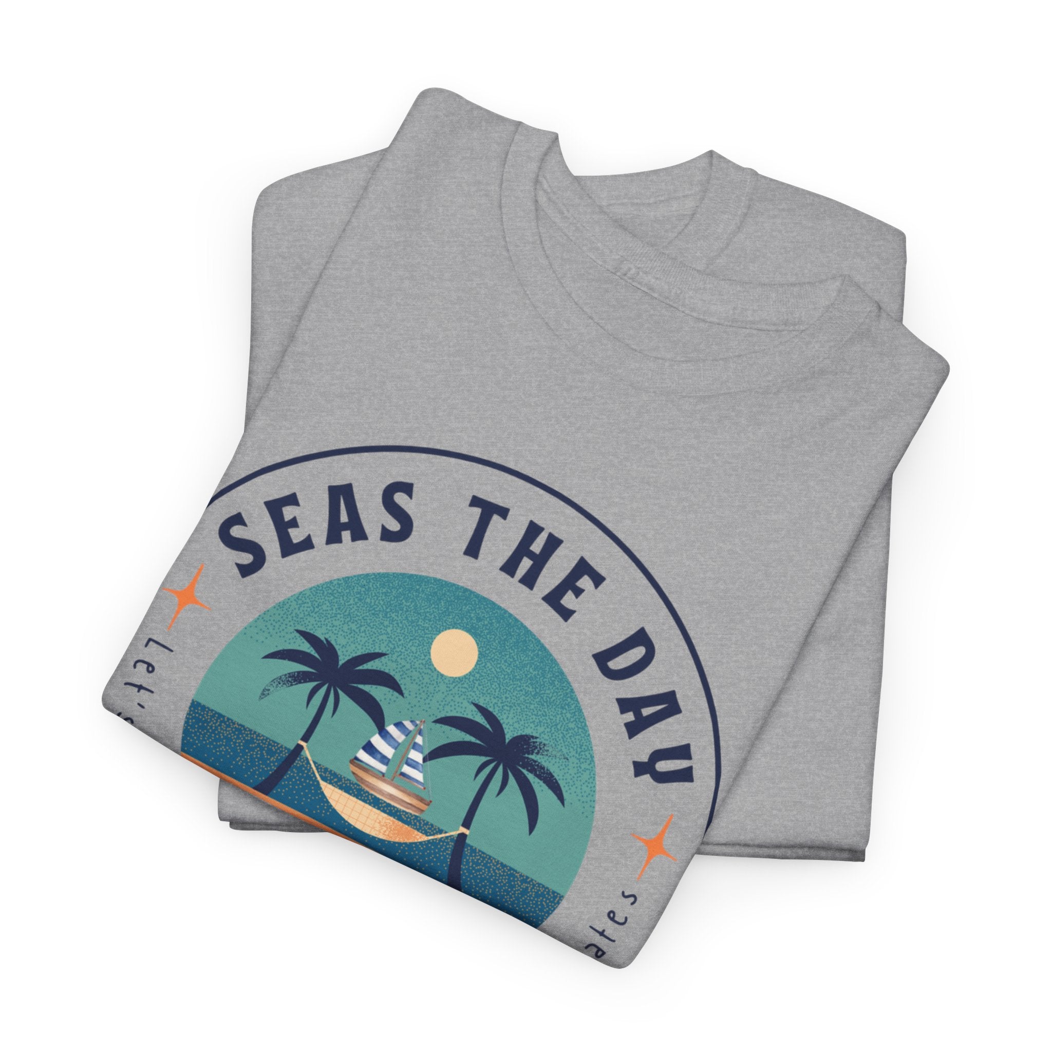 Seas the Day Beach Tee — Retro Palm Tree Sunset “Seas the Day” Graphic Shirt
