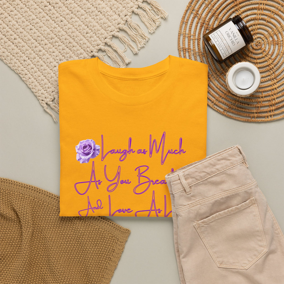 Inspirational Script Tee — "Breathe, Believe, Love" Purple Handwritten Design