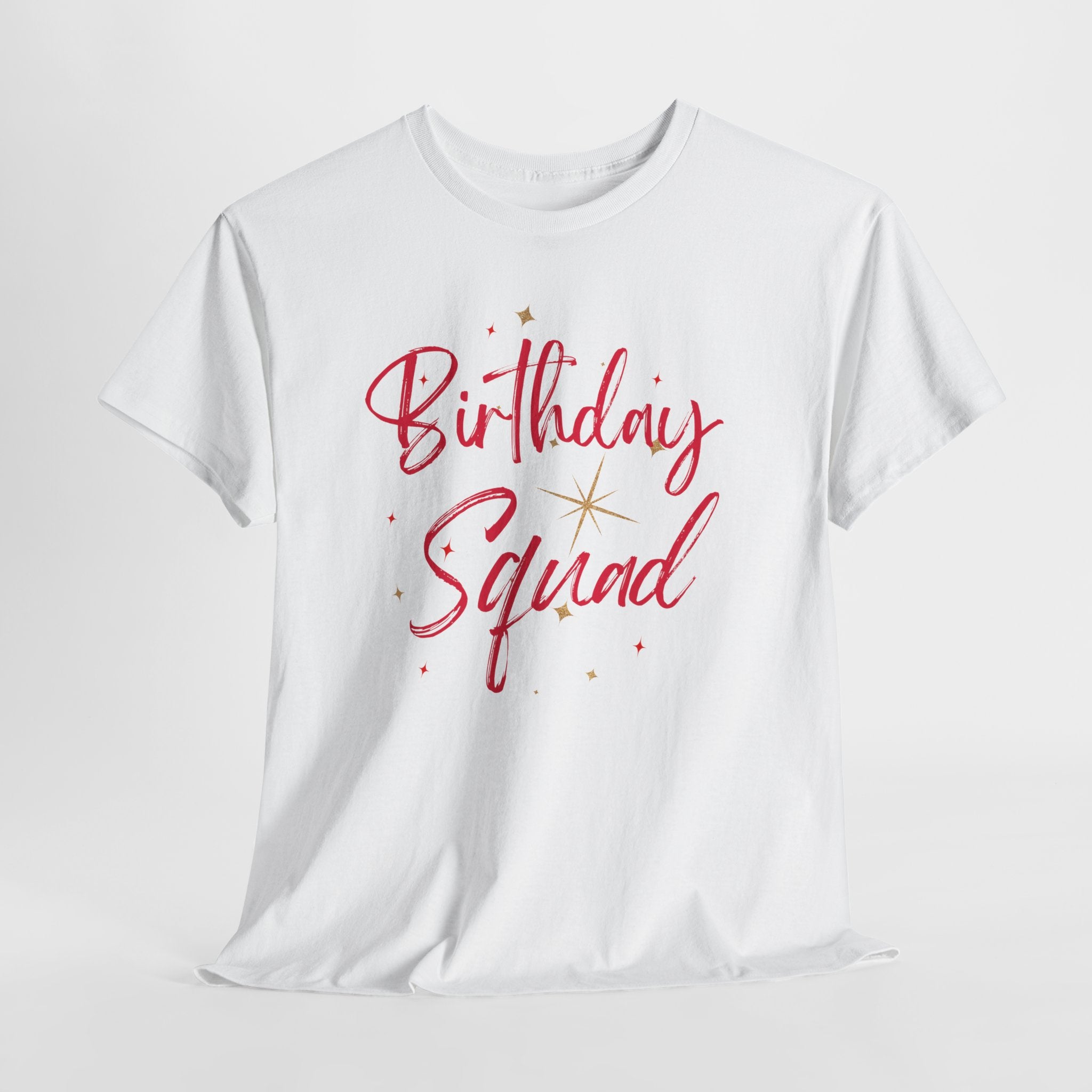 Birthday Squad T-Shirt — Women's Party Tee with Pink Script & Gold Stars