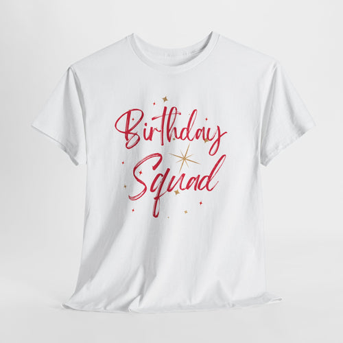 Birthday Squad T-Shirt — Women's Party Tee with Pink Script & Gold Stars