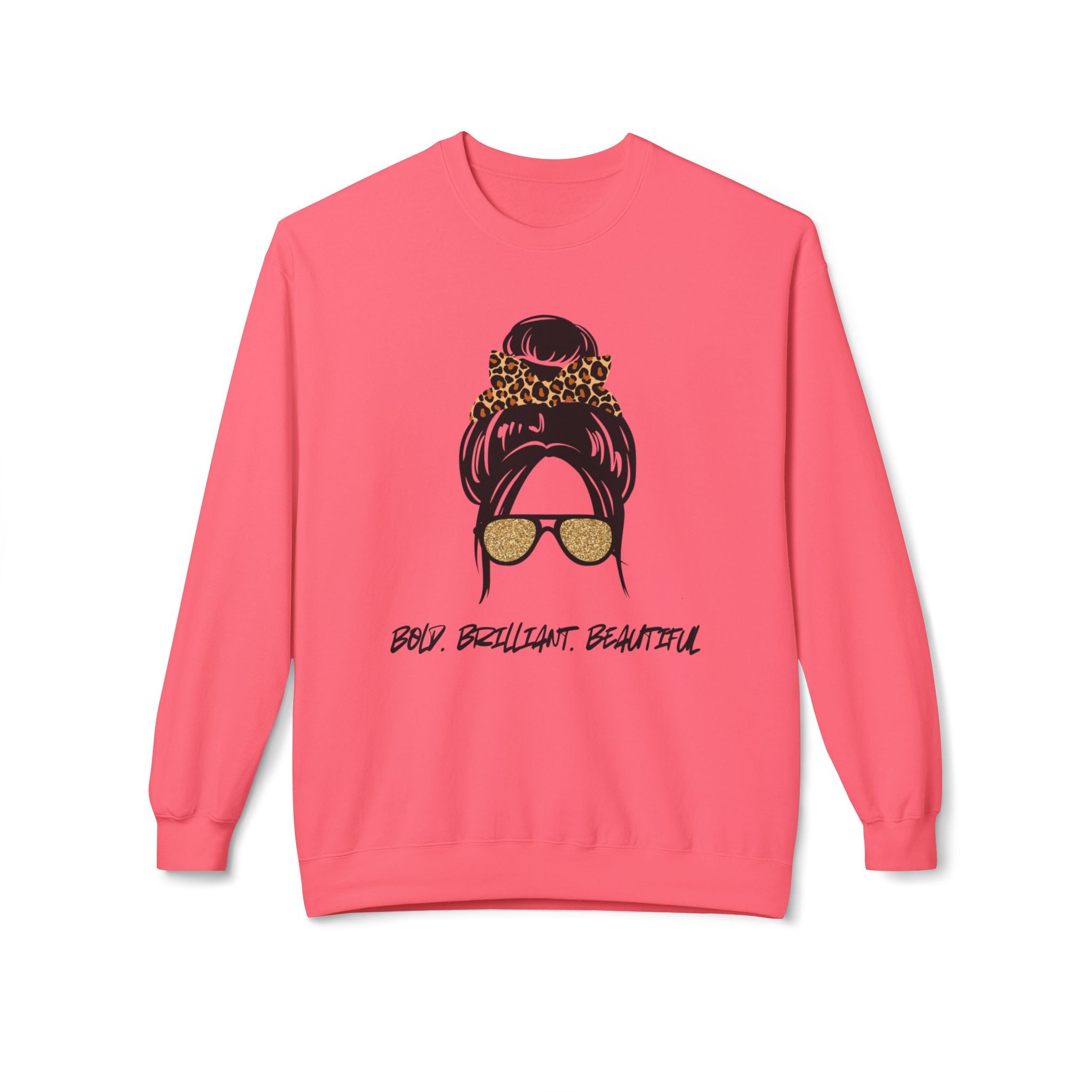 Bold Brilliant Beautiful Graphic Messy Bun Leopard Sunglasses Crewneck Sweatshirt