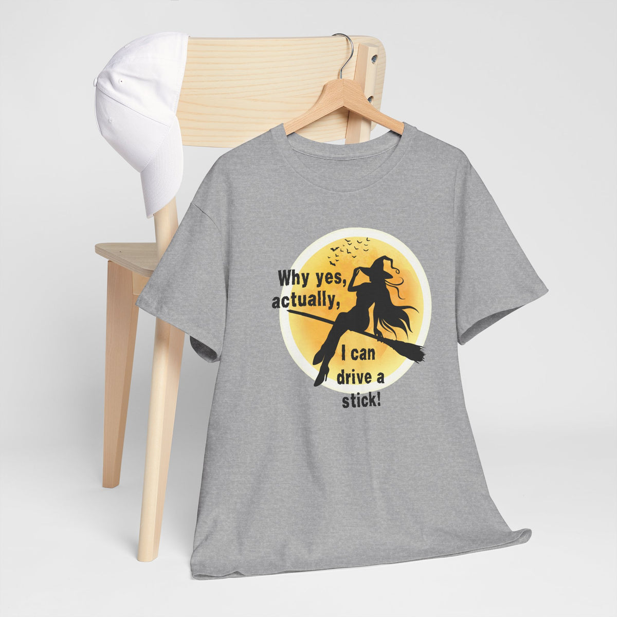 Witch on Broom T-Shirt — "Why yes, actually, I can drive a stick!" Halloween Tee