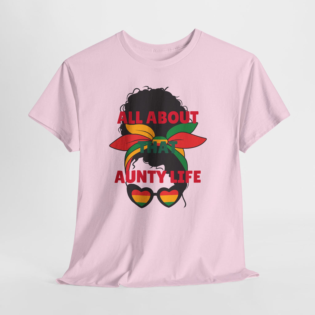 Aunty Life Tee – "All About Aunty Life" Graphic T-Shirt (Tropical Heart Sunglasses)