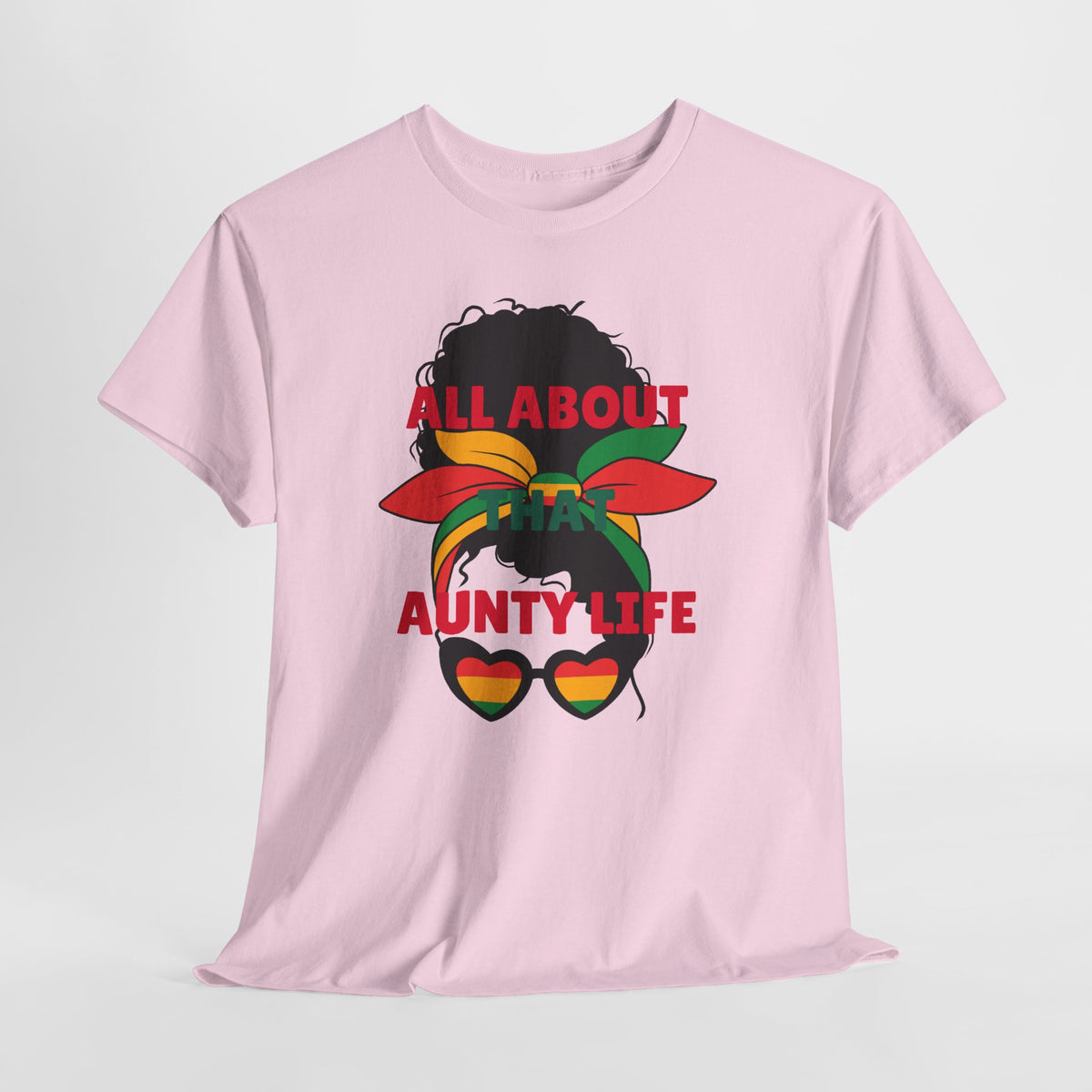 Aunty Life Tee – "All About Aunty Life" Graphic T-Shirt (Tropical Heart Sunglasses)