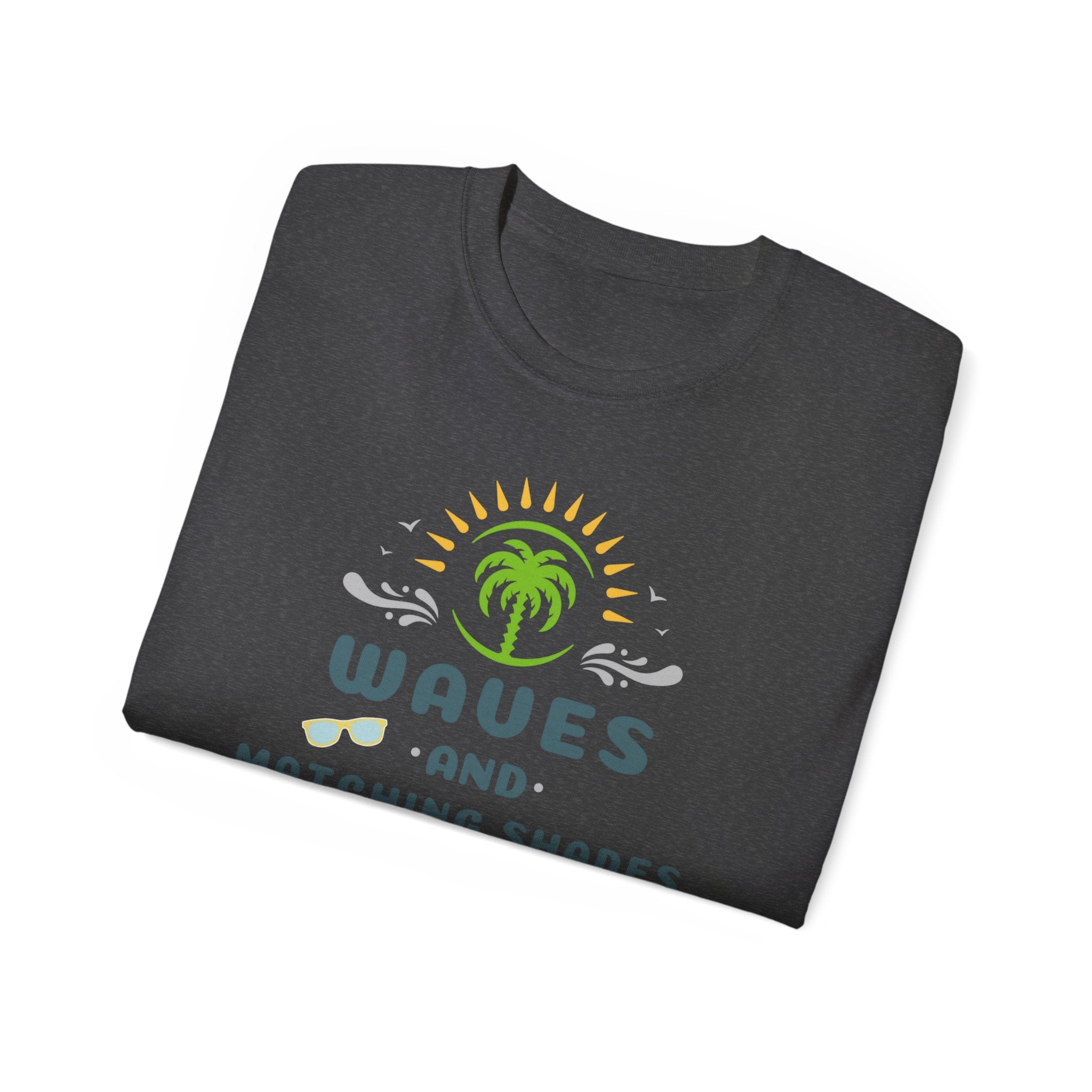 Waves and Matching Shades Tee — Retro Palm Beach Graphic T-Shirt