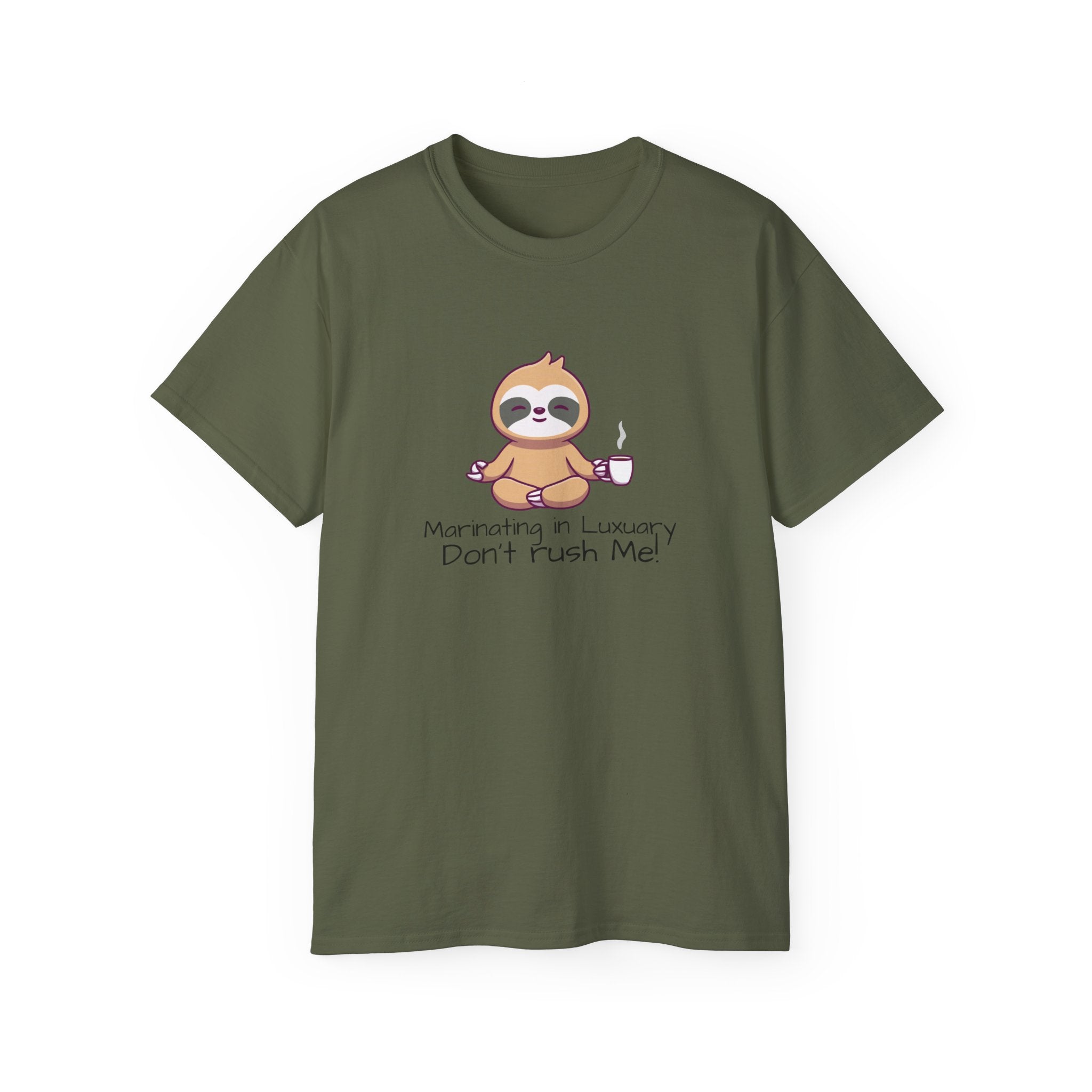 Marinating in Luxury Sloth Tee — "Don't Rush Me" Cute Coffee T-Shirt