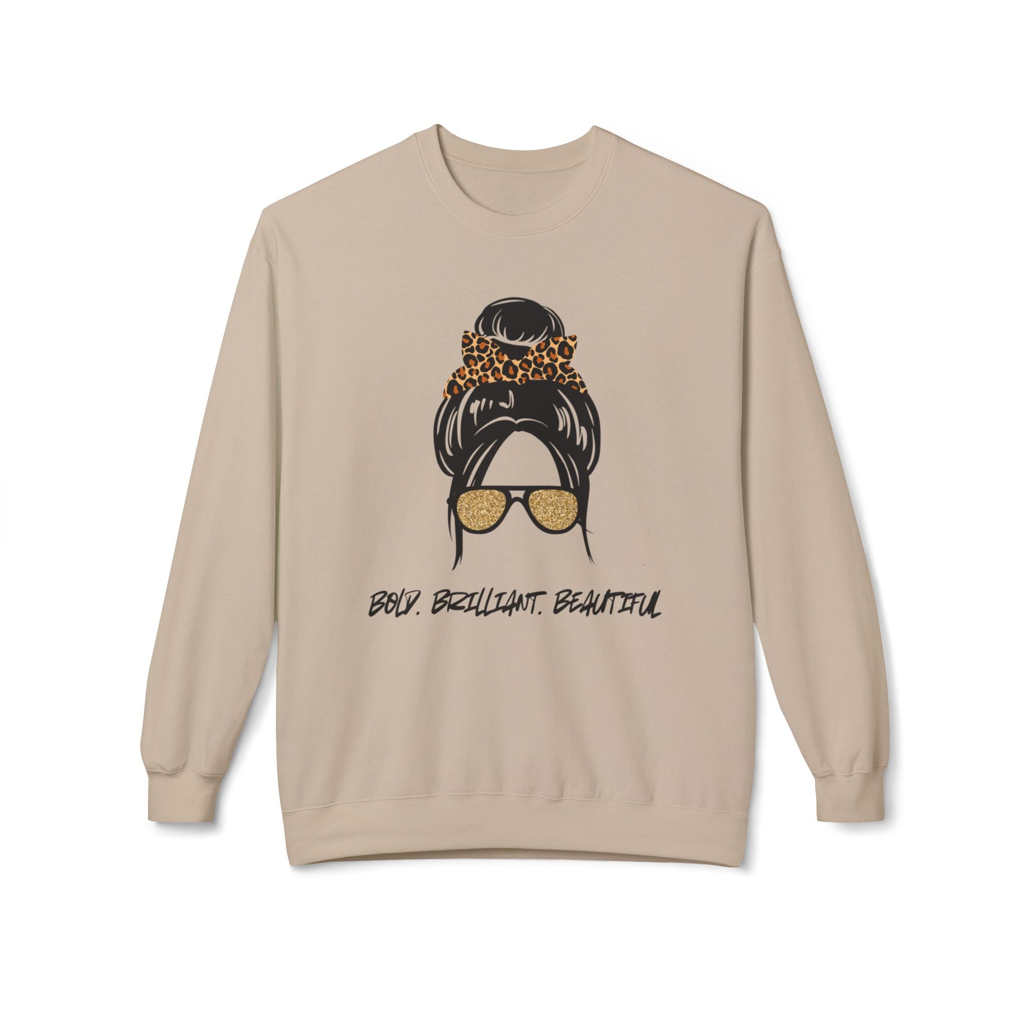 Bold Brilliant Beautiful Graphic Messy Bun Leopard Sunglasses Crewneck Sweatshirt