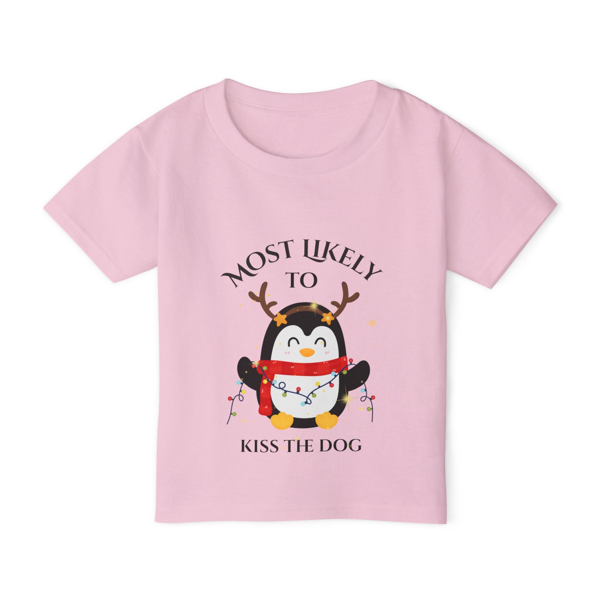 Cute Toddler T-Shirt with Penguin Design, Most Likely to Kiss the Dog, Funny Kids Tee, Christmas Gift, Animal Lover Shirt, Toddler Apparel