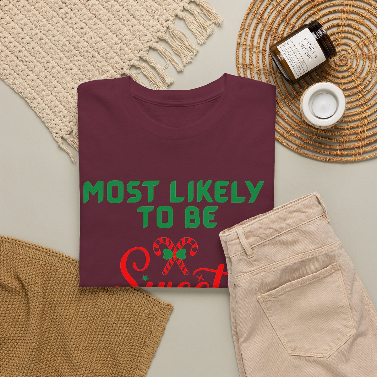 Most Likely to Be Sweet Twisted Christmas Candy Cane T-Shirt