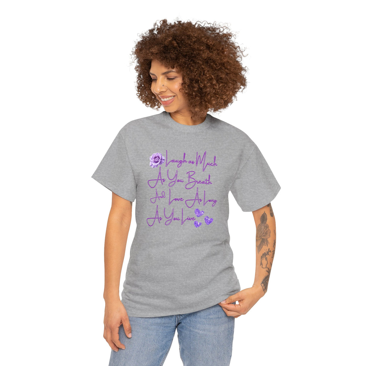 Inspirational Script Tee — "Breathe, Believe, Love" Purple Handwritten Design