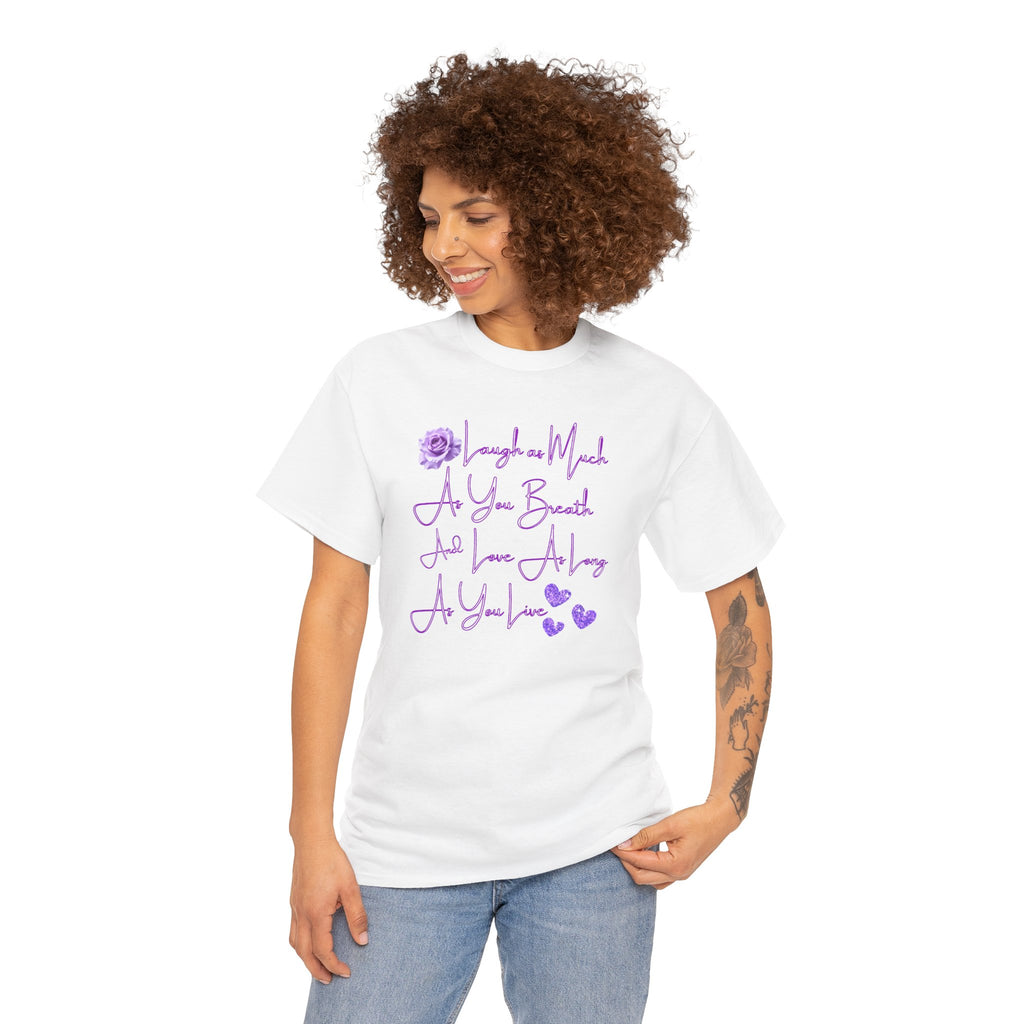 Inspirational Script Tee — "Breathe, Believe, Love" Purple Handwritten Design