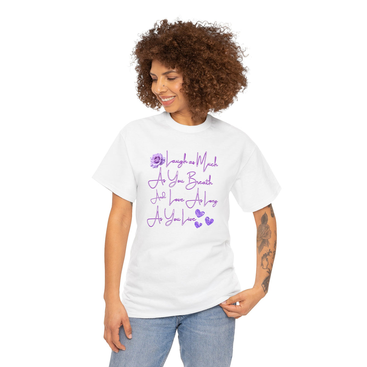 Inspirational Script Tee — "Breathe, Believe, Love" Purple Handwritten Design