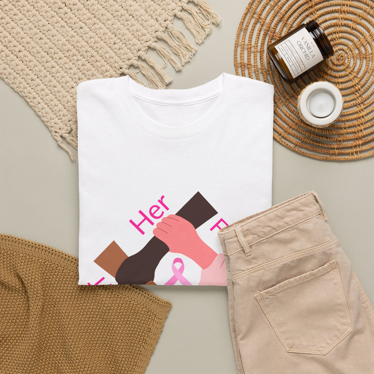Breast Cancer Awareness Tee —Front of Tee “Our Fight Is Her Fight” and Back of Tee-Pink Ribbon "Sisters in The Fight" Support Shirt