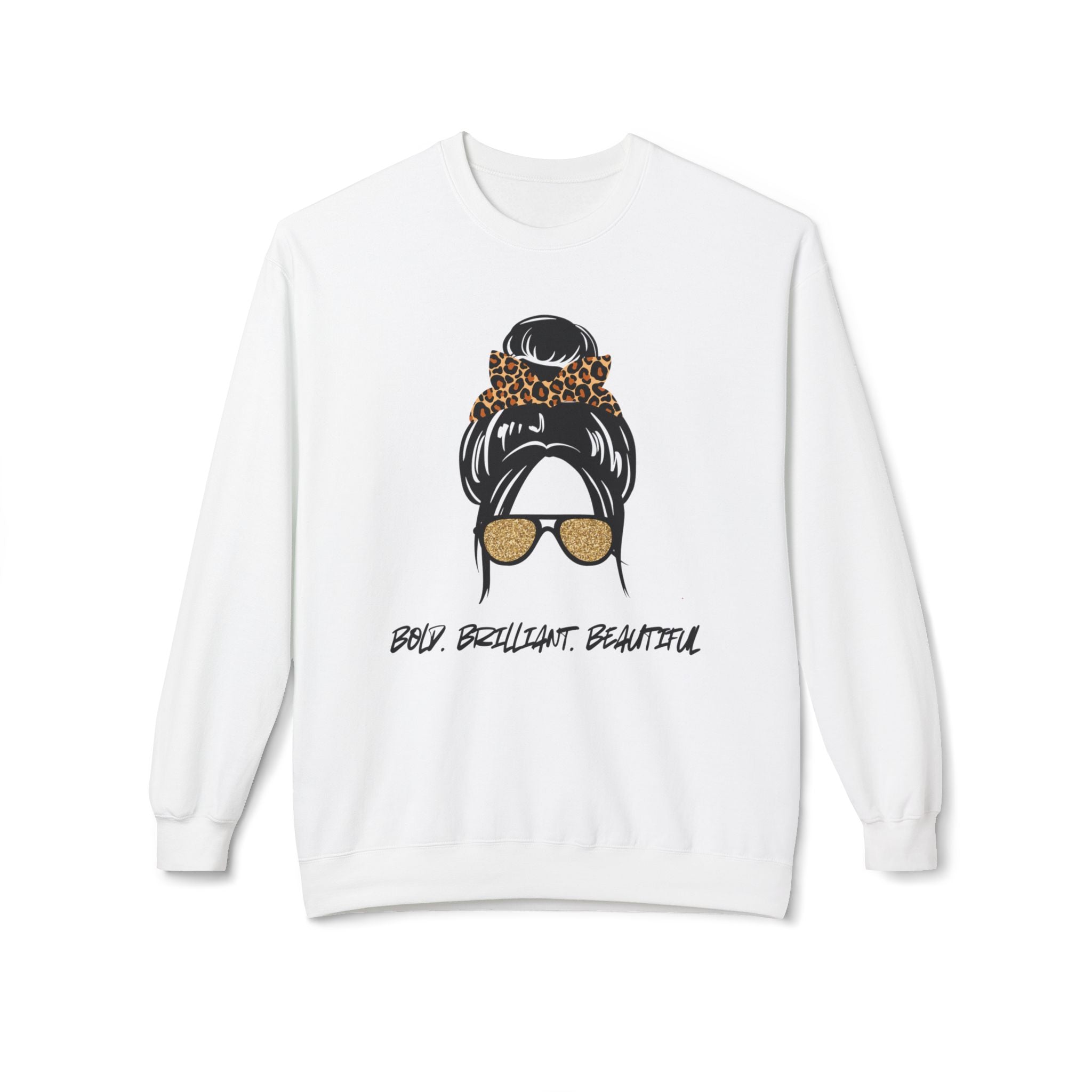 Bold Brilliant Beautiful Graphic Messy Bun Leopard Sunglasses Crewneck Sweatshirt